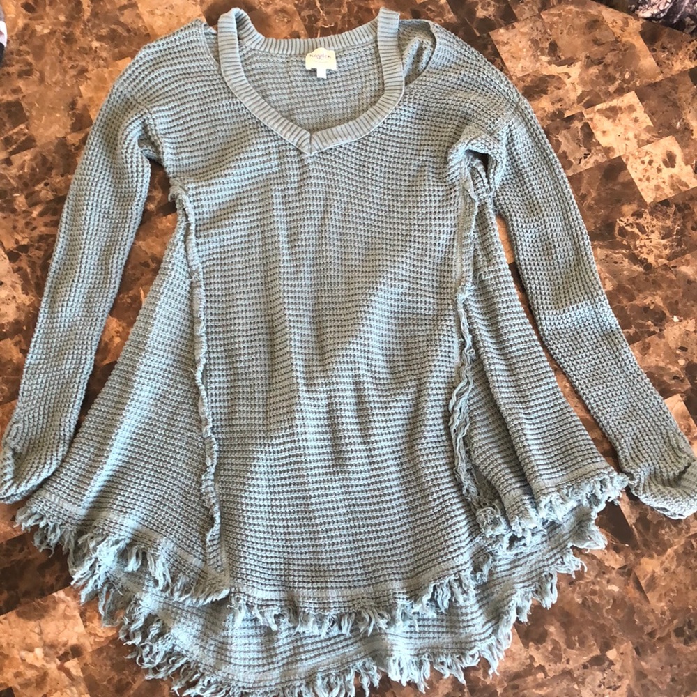 Sage Cut-Out Sweater with Fringe - Picture 1 of 7